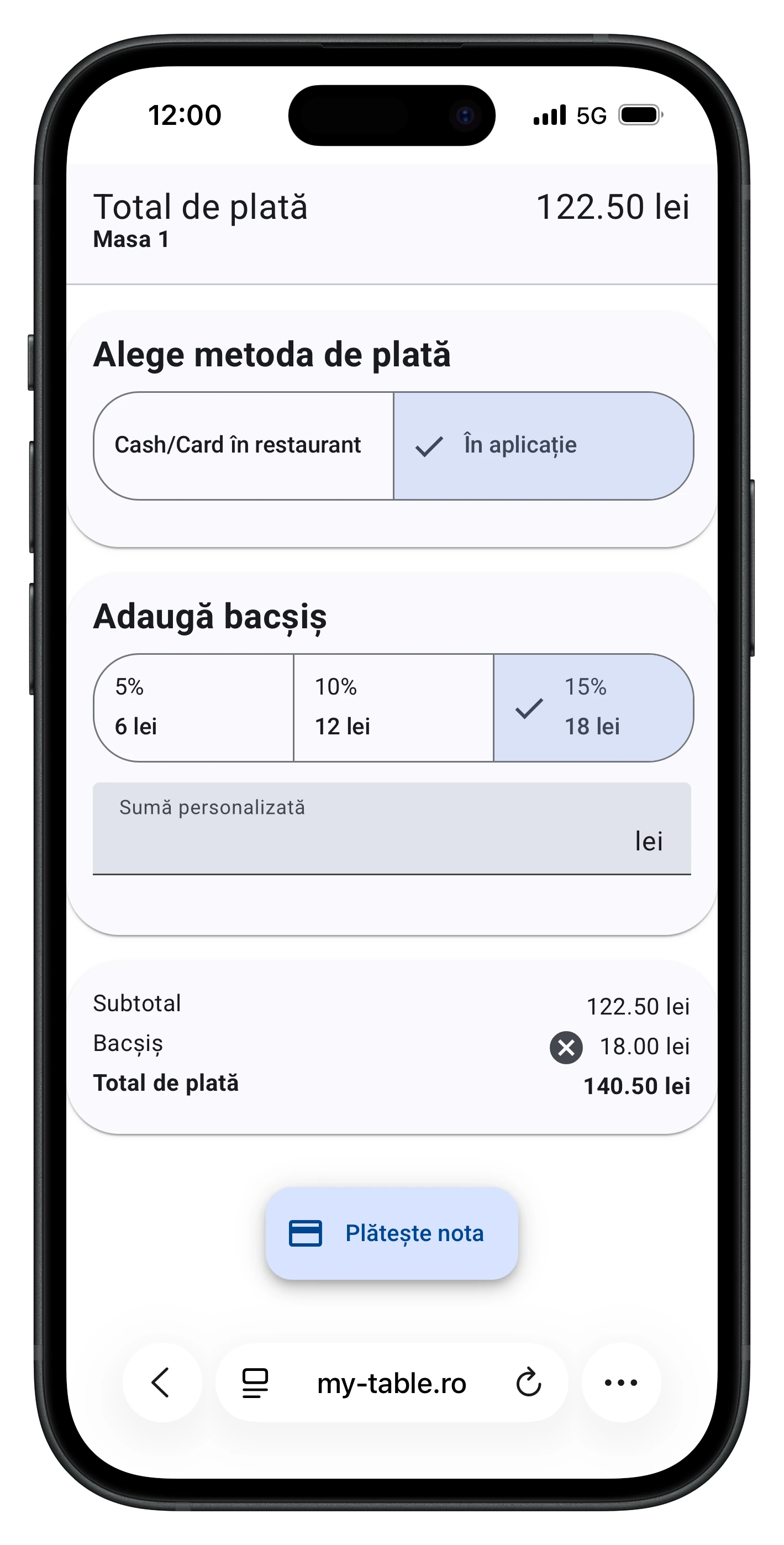 Previzualizare plată MyTable
